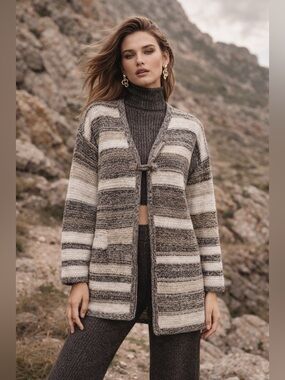 J JILL Intarsia Textured Cardigan Zinc Multi Striped  Sz Small Neutral Boho Cozy